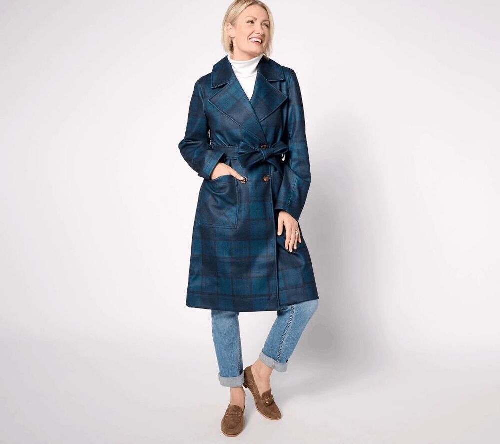 Thread Collective $159 Plaid Double Breasted Belted Trench Coat Navy blue L NWT